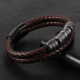 Men Double Layers Leather Cord Bracelets Retro Stainless Steel Tube Charm