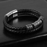 Men Double Layers Leather Cord Bracelets Retro Stainless Steel Tube Charm