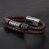Men Double Layers Leather Cord Bracelets Retro Stainless Steel Tube Charm