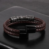 Men Double Layers Leather Cord Bracelets Retro Stainless Steel Tube Charm