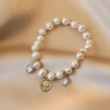 Freshwater Pearl Metal Coin Bracelet Zircon Charm Bracelet
