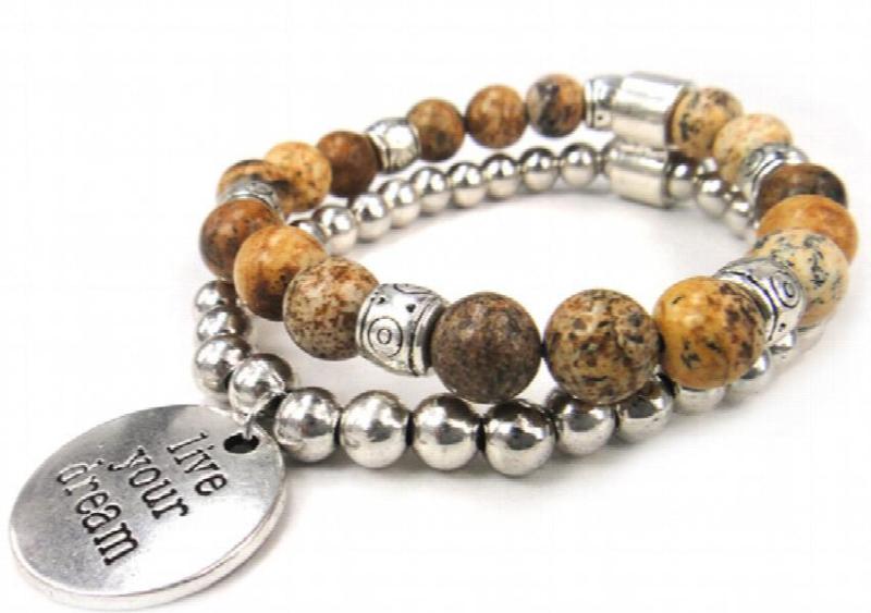 8mm Brown Stone Beads Women Bracelet with Pig Beads & Charm