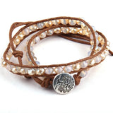 Glass Crystal Bead Wrap Bracelet 2 Wraps Knit Button Leather Bead Bracelets