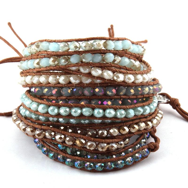 Glass Crystal Beads Wrap Bracelet 2 Wraps Leather Bead Bracelet