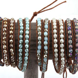 Glass Crystal Beads Wrap Bracelet 2 Wraps Leather Bead Bracelet
