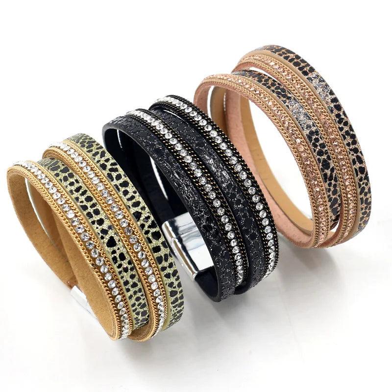 Leather Stick-on Crystals Women's Bracelet Multi-Layer 3-Color
