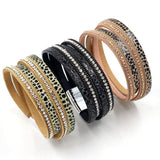 Leather Stick-on Crystals Women's Bracelet Multi-Layer 3-Color