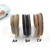 Leather Stick-on Crystals Women's Bracelet Multi-Layer 3-Color