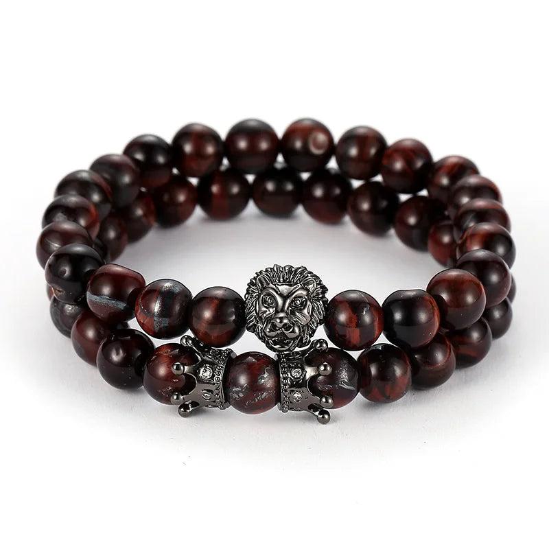 Crown Micro Inset Lion Head Bracelet Red Tiger Eye Stone 2/Set