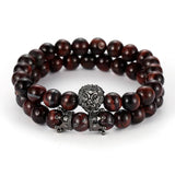 Crown Micro Inset Lion Head Bracelet Red Tiger Eye Stone 2/Set
