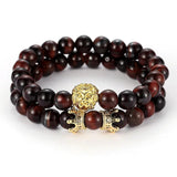 Crown Micro Inset Lion Head Bracelet Red Tiger Eye Stone 2/Set