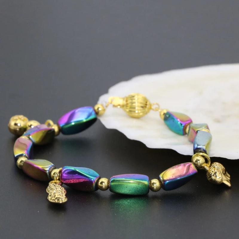 Gold Spacer Multicolor Hematite Beaded Bracelet 7.5inch
