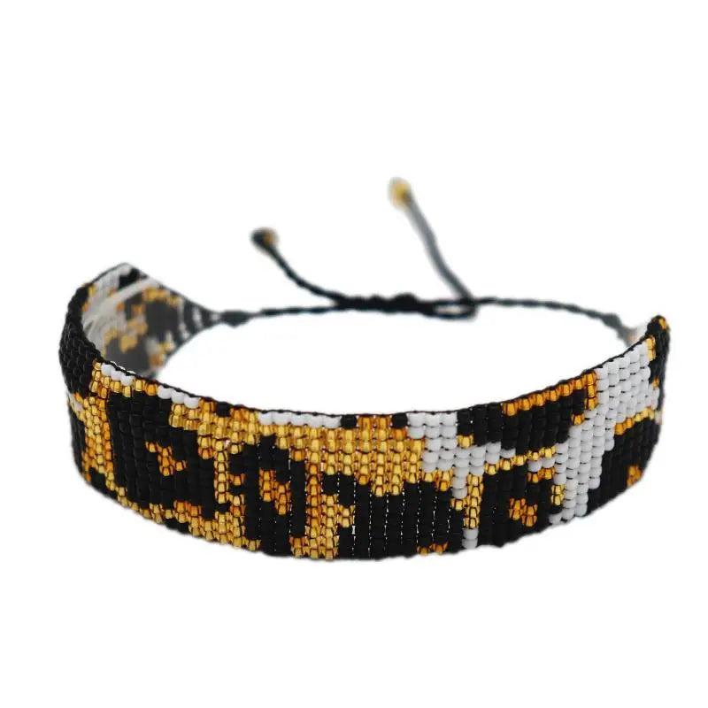 Leopard Print Boho Rice Ball Bracelet Hand Woven Retro Adjustable Unisex