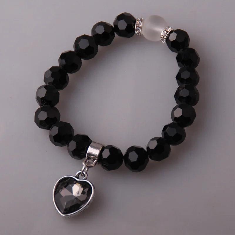 Crystal Beads Bracelet with Heart Charm - Stretchy Ladies Jewelry