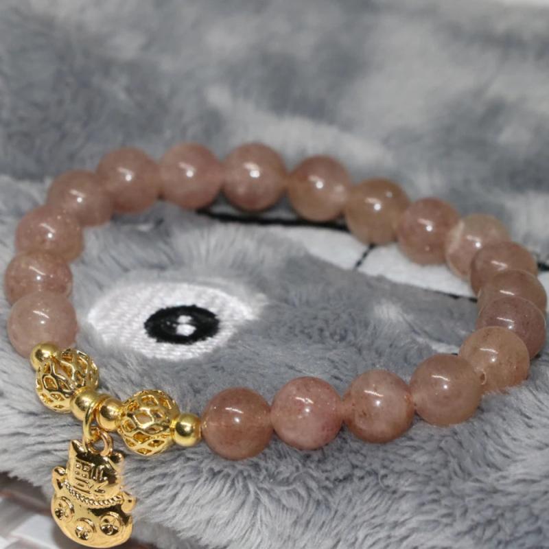 8mm Strawberry Crystal Quartz Gold Bracelet Women Jewelry