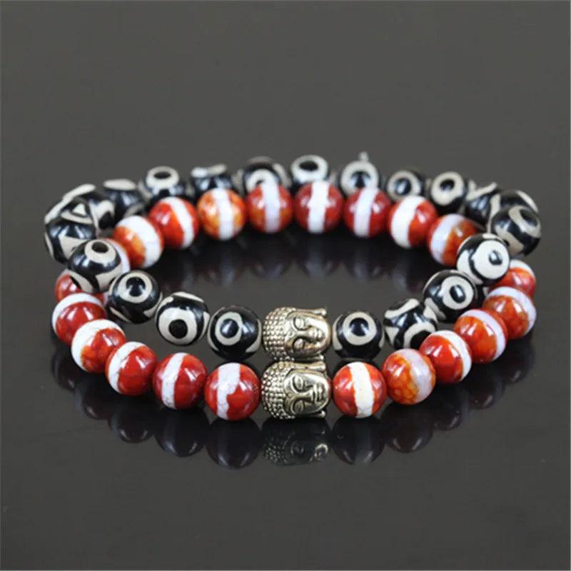 2pcs 8mm Natural Stone Beads Bracelet with Buddha Head Charm for Men and Women