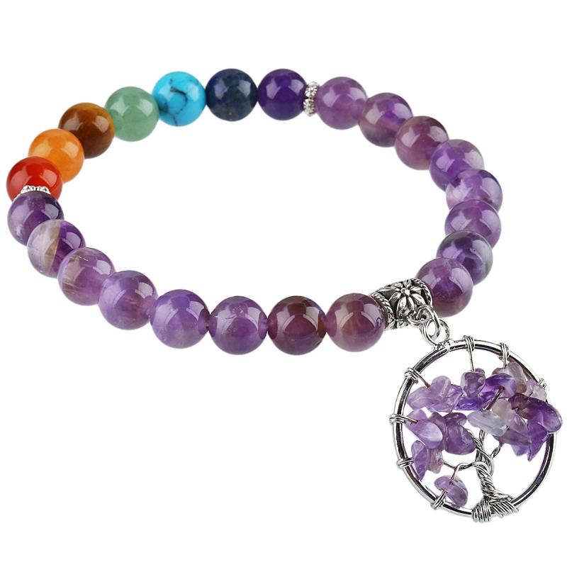 7 Chakra Stone Beads Bracelet Tree of Life Charms Yoga Meditation Wrap