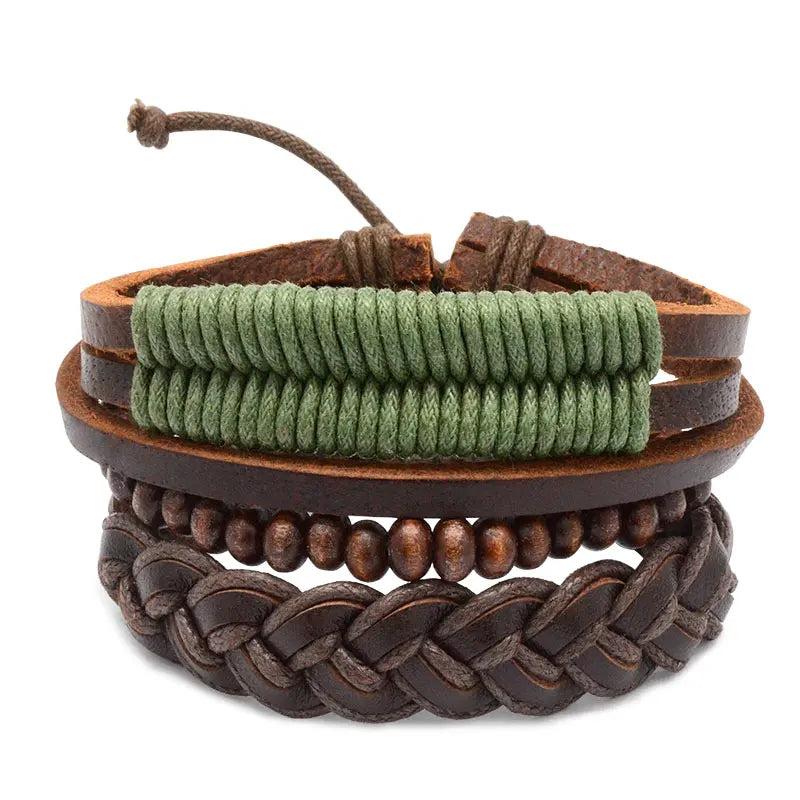 Adjustable Brown Belt Green Leather Beaded Bracelet Wristband