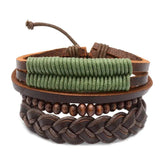 Adjustable Brown Belt Green Leather Beaded Bracelet Wristband