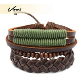 Adjustable Brown Belt Green Leather Beaded Bracelet Wristband
