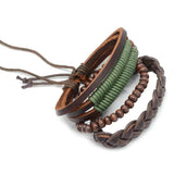 Adjustable Brown Belt Green Leather Beaded Bracelet Wristband