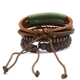 Adjustable Brown Belt Green Leather Beaded Bracelet Wristband