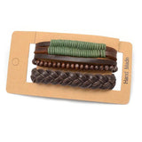 Adjustable Brown Belt Green Leather Beaded Bracelet Wristband