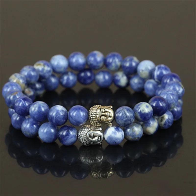 Natural Sodalite Stone Beads Bracelets with Buddha Head Men Stretch Bracelet