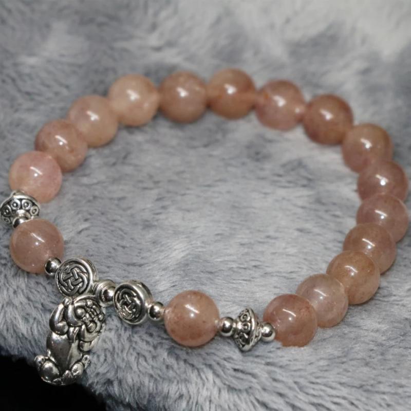 8mm Strawberry Crystal Quartz Round Beads Bracelet 7.5inch