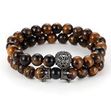 Tiger Eye Stone Beads Bangle Bracelet with Zircon Crown Lion Head Charm
