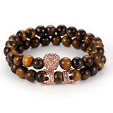 Tiger Eye Stone Beads Bangle Bracelet with Zircon Crown Lion Head Charm
