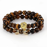 Tiger Eye Stone Beads Bangle Bracelet with Zircon Crown Lion Head Charm