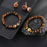 Tiger Eye Stone Beads Bangle Bracelet with Zircon Crown Lion Head Charm