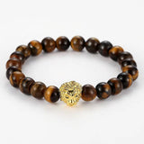 Tiger Eye Stone Beads Bangle Bracelet with Zircon Crown Lion Head Charm