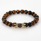 Tiger Eye Stone Beads Bangle Bracelet with Zircon Crown Lion Head Charm