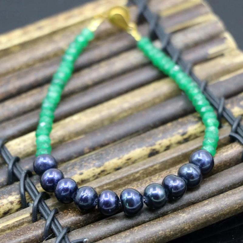 Abacus Green Jade Chalcedony Stone Beads & Natural Pearl Bracelet