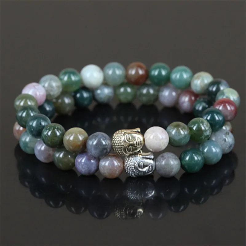 2pcs Natural Stone Bead Charm Bracelet with Buddha Heads