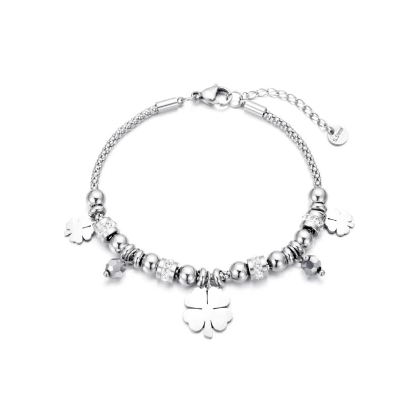 Stainless Steel Charm Bracelet with Crystal Beads