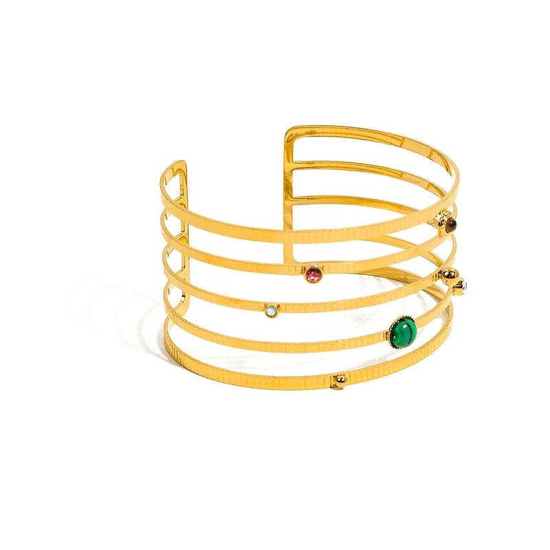 Zircon Stone Stainless Steel Wide Bangle Bracelet Golden Hollow