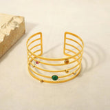 Zircon Stone Stainless Steel Wide Bangle Bracelet Golden Hollow