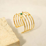 Zircon Stone Stainless Steel Wide Bangle Bracelet Golden Hollow