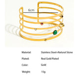 Zircon Stone Stainless Steel Wide Bangle Bracelet Golden Hollow