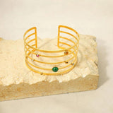 Zircon Stone Stainless Steel Wide Bangle Bracelet Golden Hollow