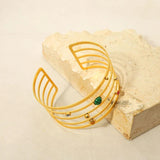 Zircon Stone Stainless Steel Wide Bangle Bracelet Golden Hollow