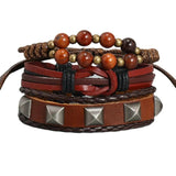 Hand-Woven 3-Piece Brown Cowhide Bracelet European American Hiphop