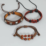 Hand-Woven 3-Piece Brown Cowhide Bracelet European American Hiphop