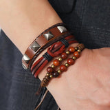Hand-Woven 3-Piece Brown Cowhide Bracelet European American Hiphop