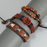 Hand-Woven 3-Piece Brown Cowhide Bracelet European American Hiphop