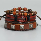Hand-Woven 3-Piece Brown Cowhide Bracelet European American Hiphop