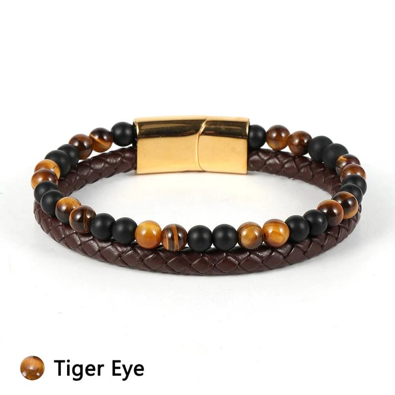 Double Layer Natural Stone Leather Punk Rock Bracelet